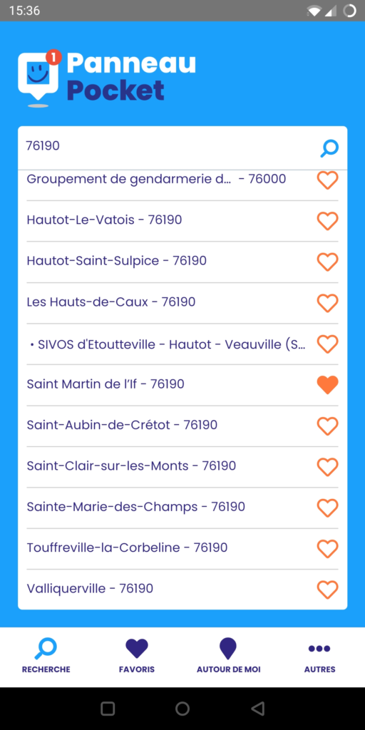 PanneauPocket : recherche dans la liste et ajout en favori